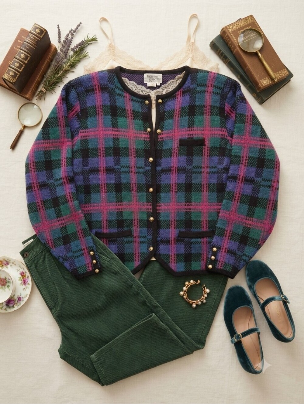 Vintage Hasting & Smith Pink Blue Green Purple Plaid Button Up Cardigan Sweater